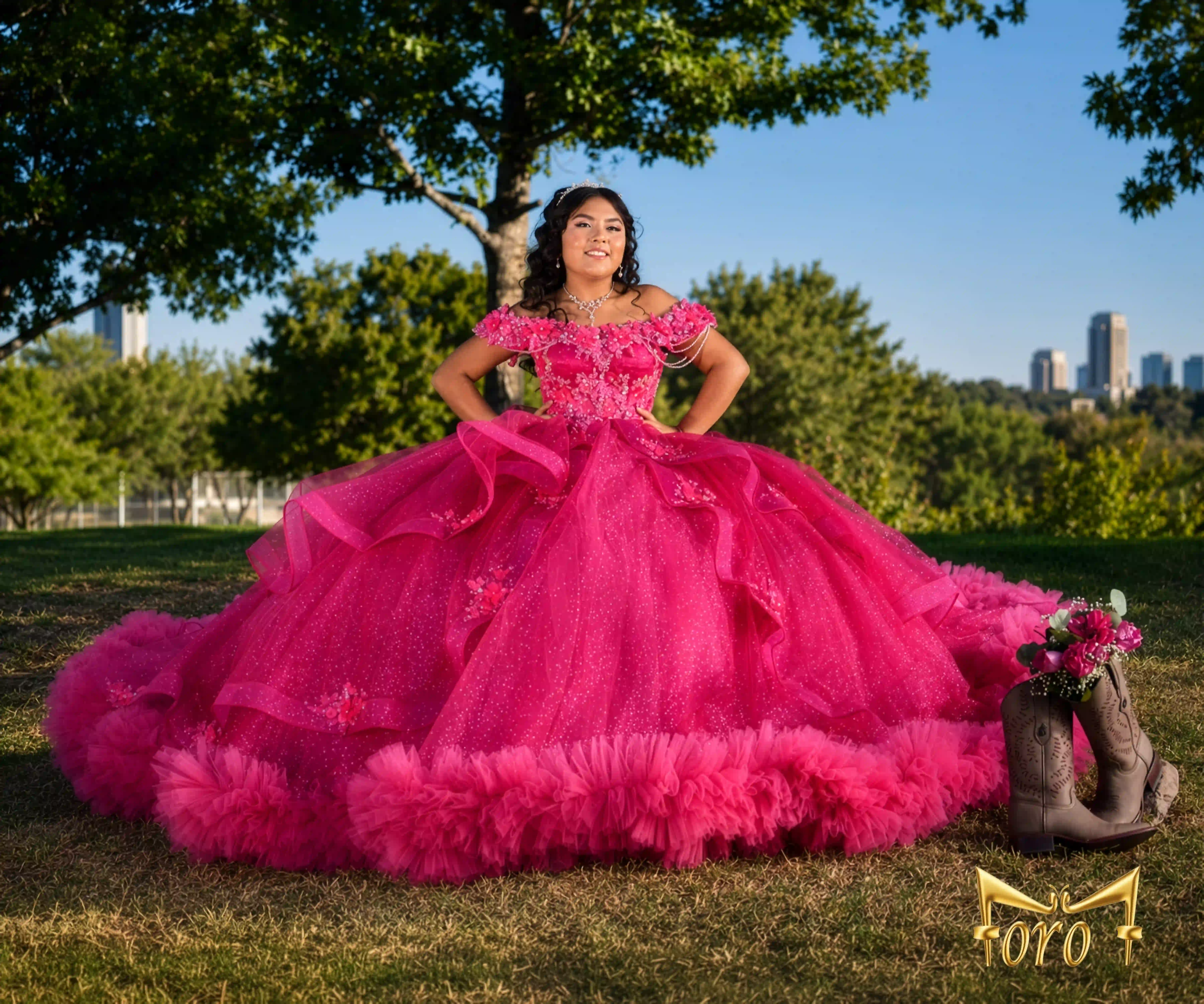 Quincea&ntilde;era con vestido rosa en retrato elegante